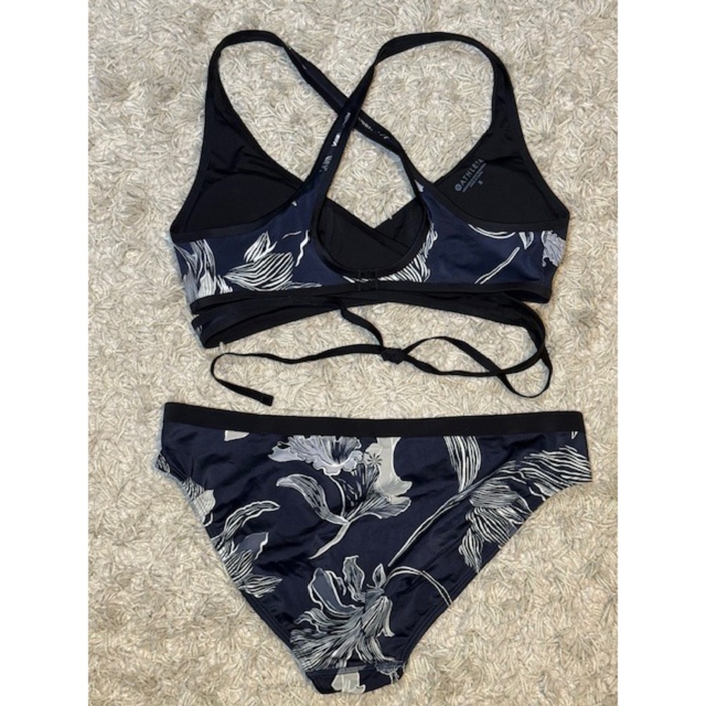 Athleta Fiore Wrap Bikini Set Size Small Navy Floral Criss Cross Back Strappy - Picture 6 of 8